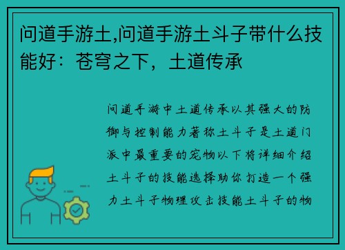 问道手游土,问道手游土斗子带什么技能好：苍穹之下，土道传承